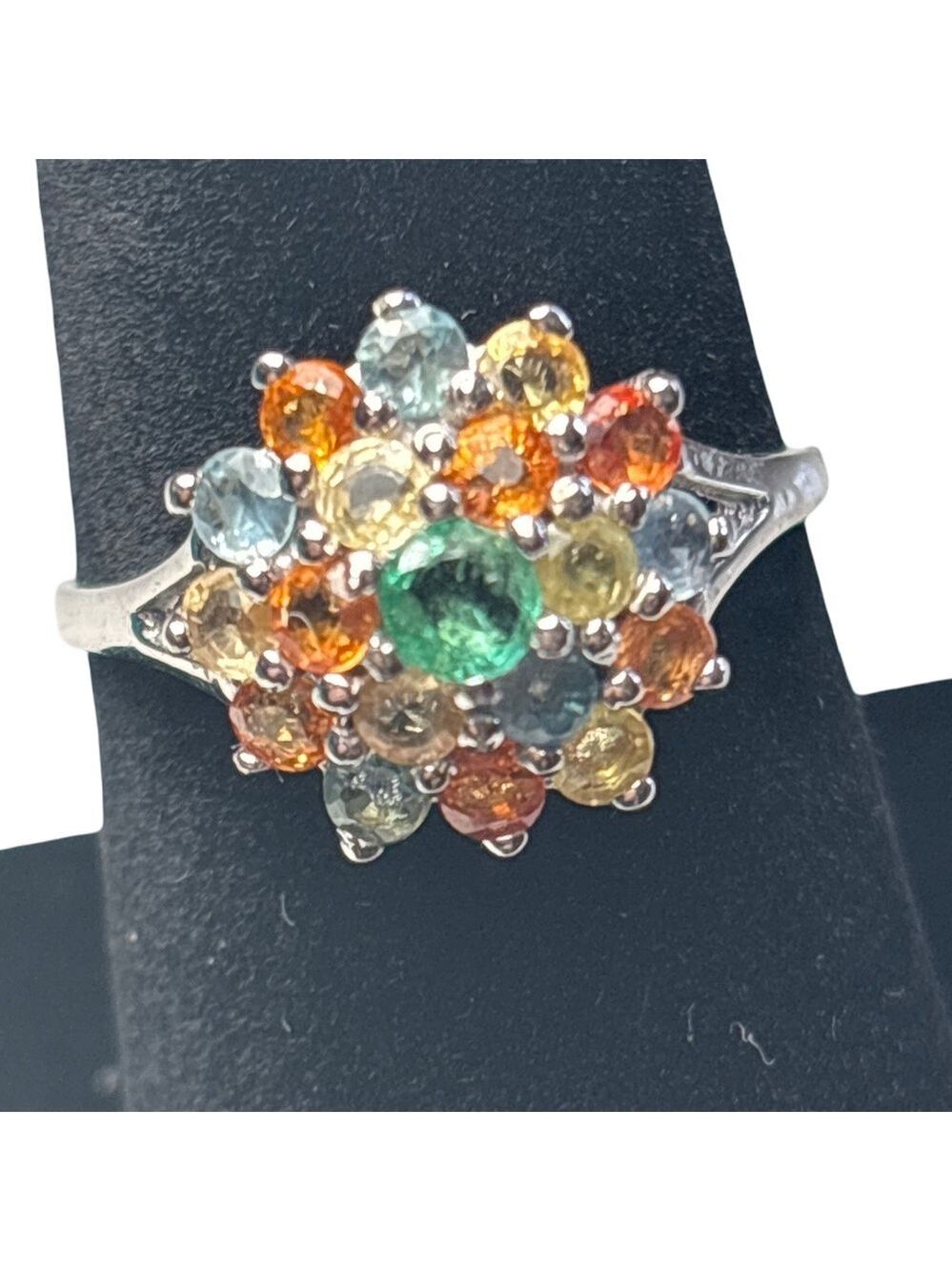 Multicolor Gemstone Cluster Ring Sapphire & Tourmaline 925 sterling silver 7